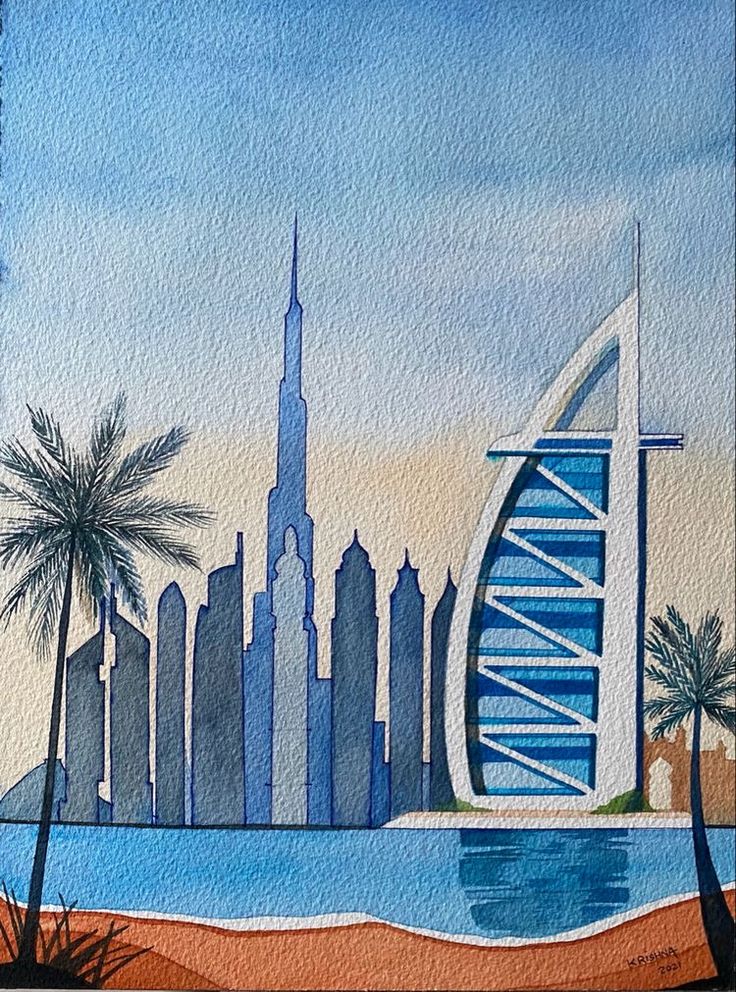 watercolor painting of the burj al arab cityscape with palm trees