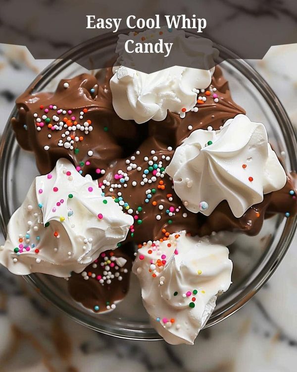 a glass bowl filled with chocolate and sprinkles covered in white frosting