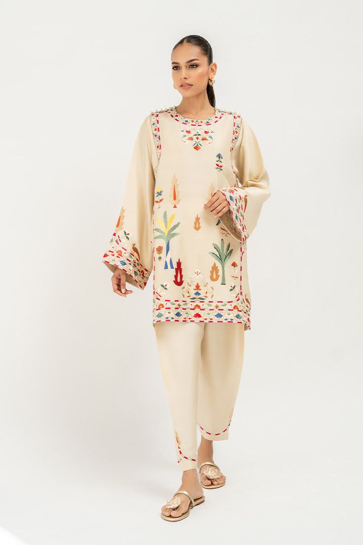 Minah Designer Cream Kurta With Printed Motifs, Unstitched Cream Kurta With Printed Motifs, Long Sleeve Raw Silk Kurta With Printed Motifs, Designer Cream Sets With Printed Motifs, Festive Cream Kurta With Printed Motifs, Traditional Cream Sets With Printed Motifs, Summer Raw Silk Straight Kurta, Summer Straight Kurta In Raw Silk, Unstitched Silk Kurta For Summer