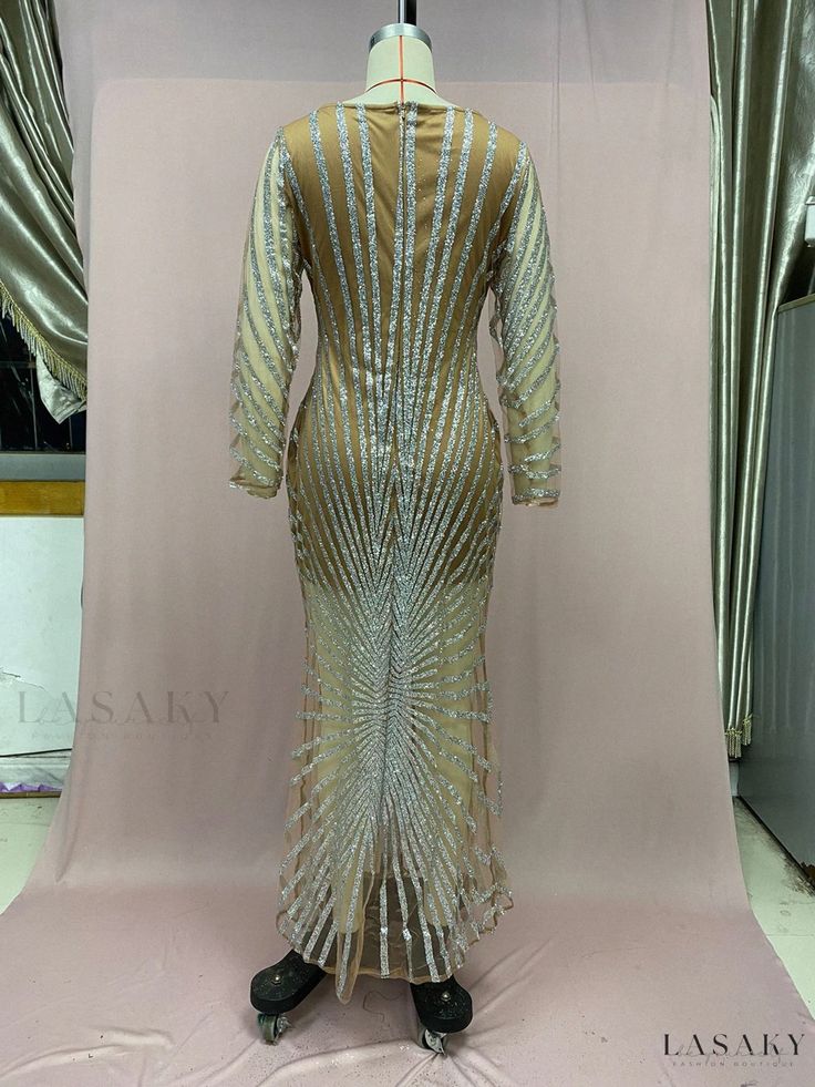 Lasaky - Fashionable Rhinestone Embellished Mesh Perspective Long Sleeve High-Slit Maxi Dress Long Sleeve Layer, Chic Maxi Dresses, High Waist Dress, Loose Fitting Dresses, Crewneck Dress, Maxi Dress Cotton, Bodycon Mini Dress, Olivia Mark, Evening Gowns