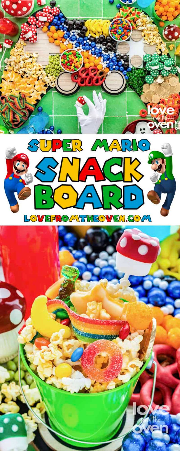 the super mario's snack board is on display in front of many other items