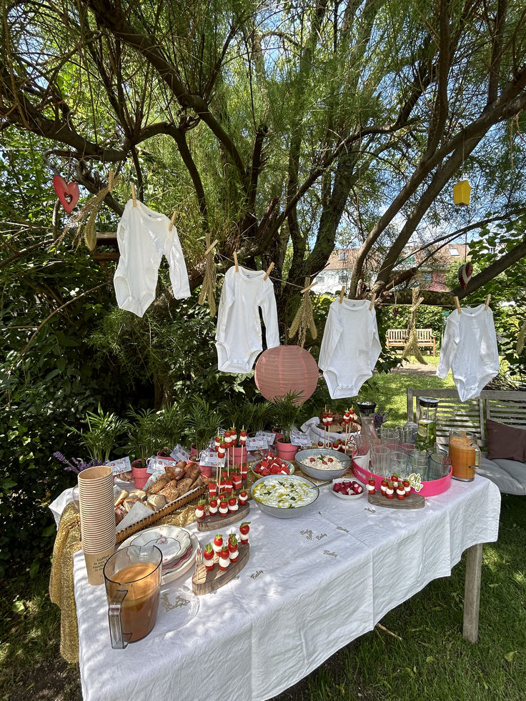 a table with food on it and clothes hanging from the trees in the back ground