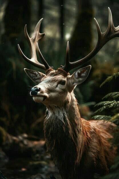 a close up of a deer with antlers on it's head in the woods