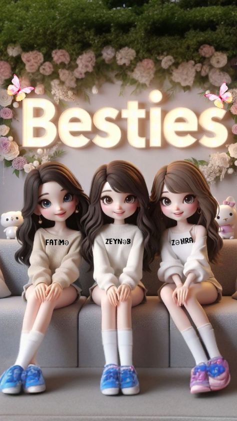 three dolls are sitting on a couch in front of a sign that says besties