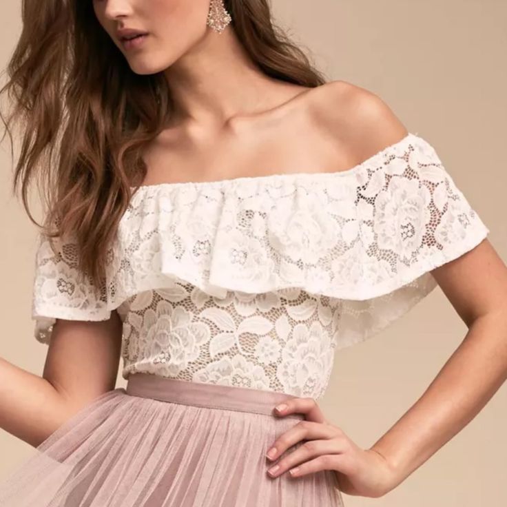 Anthropologie Bhldn Bonnie Top With Floral Lace And A Ruffled Off-The-Shoulder Neckline, We Love This Carefree Top Paired With The Louise Tulle Skirt. Nwot. Pullover Styling Nylon; Nylon Lining Professionally Clean Color Ivory Dimensions Fits True To Size; Take Your Normal Size. Cropped Length; Designed To Sit At The Natural Waist. Brand New In Original Packaging Feminine Fitted Off-shoulder Top For Brunch, Summer Wedding Off-shoulder Top, Spring Wedding Off-shoulder Tops, Chic Off-shoulder Top For Wedding, Feminine Off-shoulder Top For Brunch, Fitted Off-shoulder Top For Wedding, Fitted Off-shoulder Lace Top For Party, Chic Off-shoulder Lace Top, Spring Party Off-shoulder Lace Top