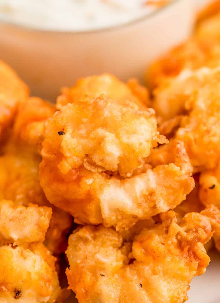 some fried food on a white plate with dip