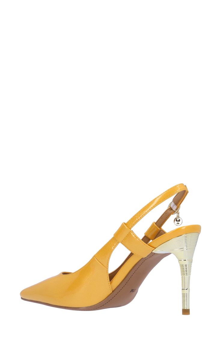 Side cutouts and a gleaming logo charm lend visual intrigue to a slingback pump framed by a pointy toe and etched metallic heel. 3" heel Memory foam cushioning Synthetic upper, lining and sole Imported Gold Slingback Pumps With Ankle Strap And 4-inch Heel, Gold Heels With Gold-tone Hardware, Gold Slingback Heels With 4-inch Heel, Chic Gold Slingback Sandals With Padded Heel, Chic Gold Leather Slingback Pumps, Gold Leather Slingback Pumps, Gold Leather Slingback Pumps With Ankle Strap, Party Slingback Pumps With Ankle Strap And Gold-tone Hardware, Gold High Heels With Gold-tone Hardware