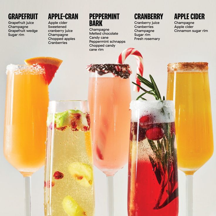 four different types of drinks are lined up on a white background with the words, grapefruit, peppermint, cranberry bark, cranberry apple cider, and cranberry cooler