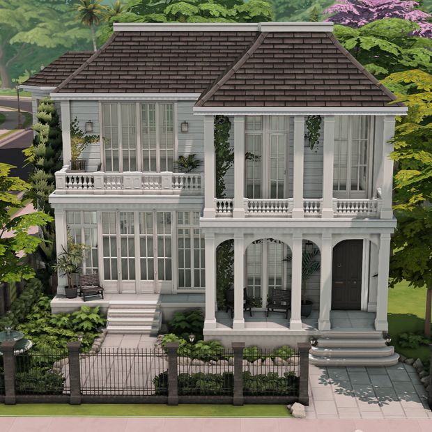 an artist's rendering of a large white house with porches and balconies