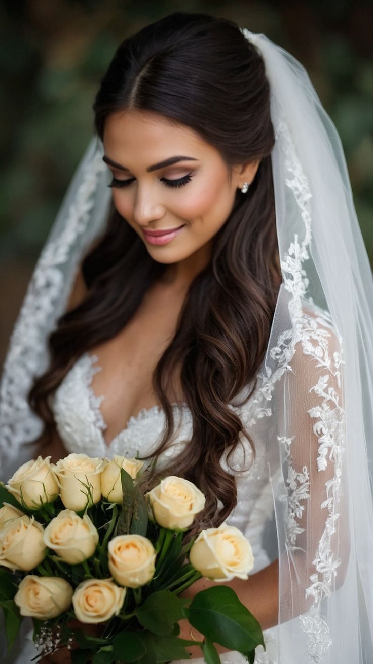 a bride holding a bouquet of white roses in her hand and smiling at the camera