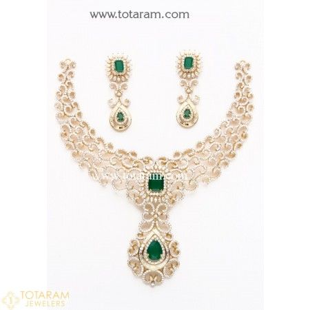 18K Gold Diamond Necklace & Drop Earrings Set with Color Stones - 235-DS488 - Buy this Latest Indian Gold Jewelry Design in 92.300 Grams for a low price of $17,544.99 Long Diamond Earrings, 22 Karat Gold Jewelry, Indian Gold Jewellery Design, Uncut Diamond Necklace, Diamond Necklace Indian, Indian Diamond Jewellery, Indian Gold Jewelry, Yellow Gold Diamond Earrings, Indian Bridal Jewelry Sets