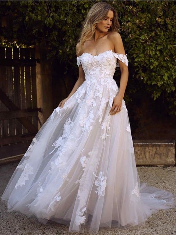 Gorgeous Open Back Appliques Tulle A-line Wedding Dresses - As Picture / Floor Length - wedding dresses Summer Wedding Dress Beach, Princess Wedding Gown, Ivory Lace Wedding Dress, Wedding Dresses 2020, Bridal Dresses Lace, Dress Off Shoulder, White Wedding Dress, Wedding Dress Fabrics, Long Sleeve Wedding