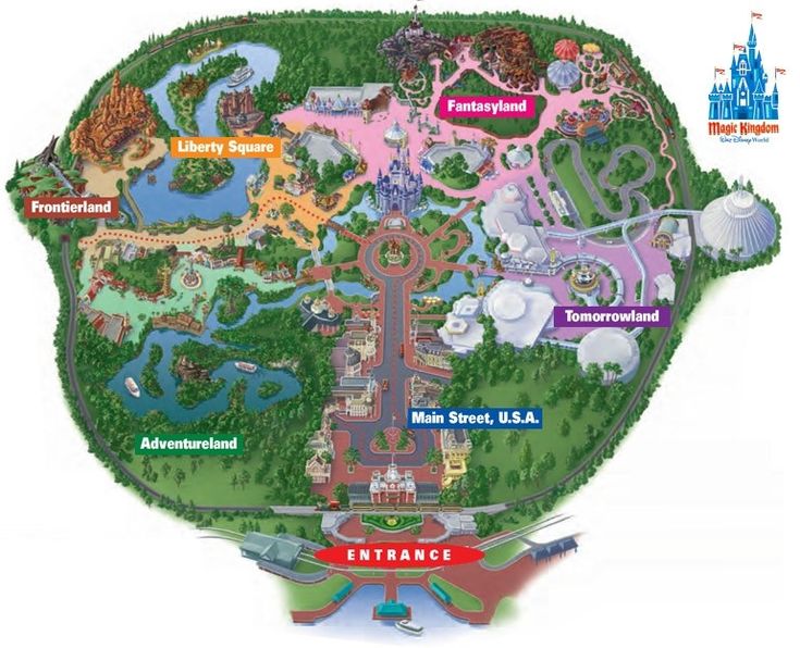 a map of disneyland world with the main parks and attractions labeled in red, green, blue, and white