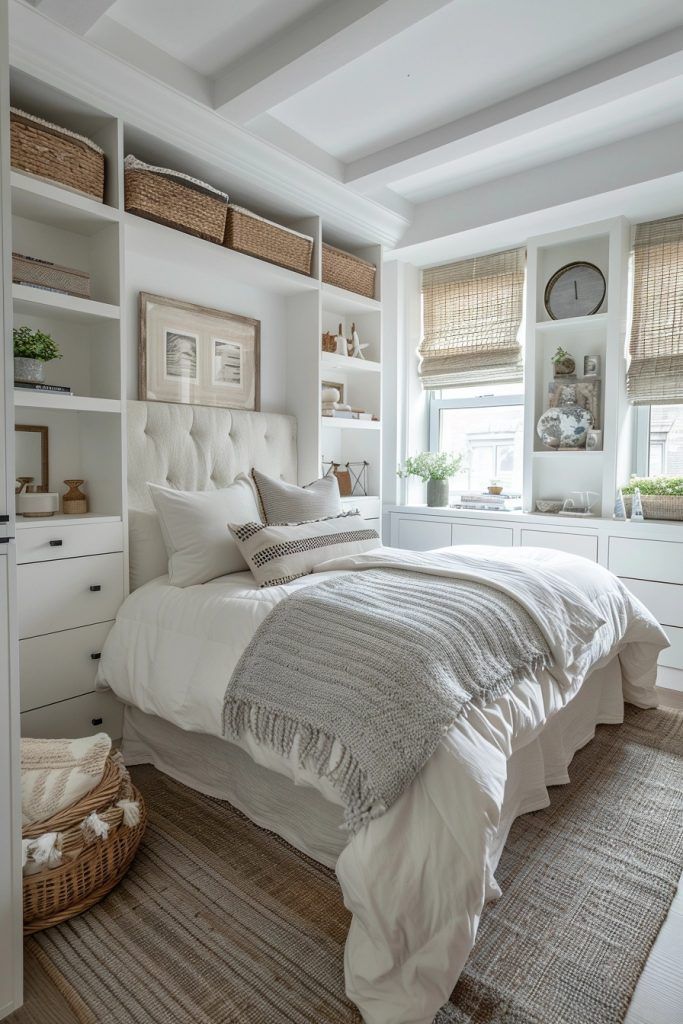 a bedroom with white furniture and lots of shelves on the wall above the headboard