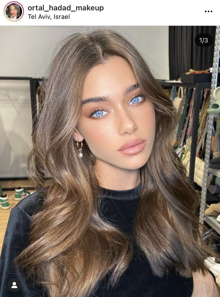 Suede Light Brown Hair, Brown Balayage For Fair Skin, Carmel Hair Colour, Honey Brown Hair Blue Eyes, Golden Brown Hair Blue Eyes, Chestnut Brown Hair Blue Eyes, Brown Hair Inspo Color For Pale Skin, Warm Brown Hair Blue Eyes, Light Brown Glaze Hair