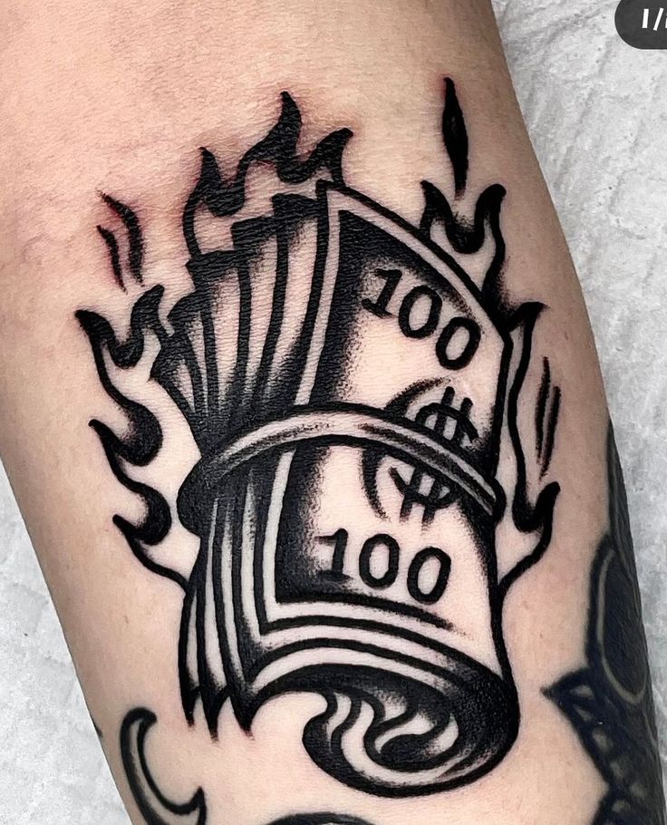 a black and white photo of a tattoo on someone's leg with the word foo written