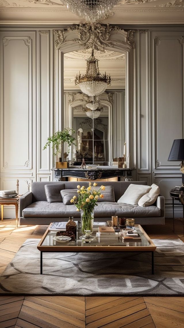 a living room filled with furniture and a chandelier hanging from the ceiling over a coffee table