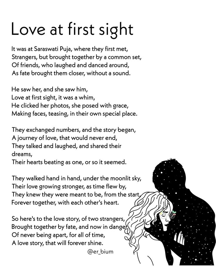 a poem written in black and white with the words love at first sight