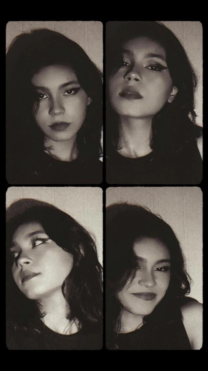 four different pictures of a woman's face in black and white, with multiple angles