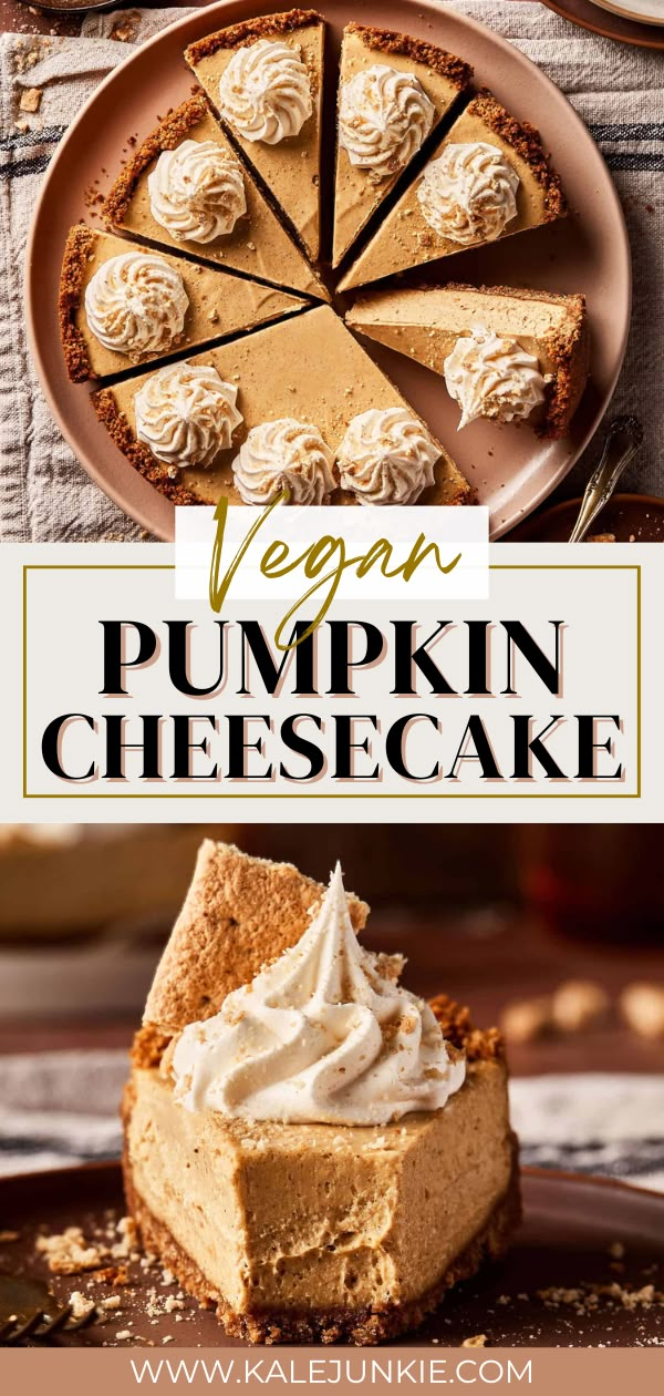 vegan pumpkin cheesecake on a plate with the title in the middle and an image of