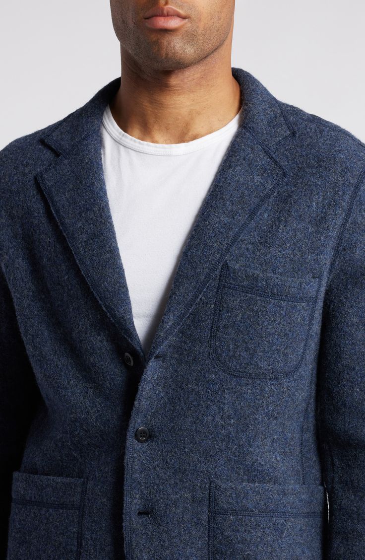 A softly felted texture underscores the casual appeal of a sport coat that's made with a touch of stretch and styled to elevate any cool-weather look. 29 1/2" length (size Large) Three-button closure Notched lapels Chest patch pocket; front patch pockets Back vent Unlined 98% cotton, 2% spandex Machine wash, tumble dry Imported Spring Wool Sport Coat With Welt Pockets, Blue Unstructured Outerwear For Fall, Spring Wool Sport Coat With Patch Pockets, Winter Relaxed Fit Blazer With Patch Pockets, Winter Blazer With Pockets And Relaxed Fit, Relaxed Fit Formal Blazer For Fall, Fall Formal Blazer With Relaxed Fit, Fall Formal Relaxed Fit Blazer, Casual Wool Tweed Jacket With Button Closure