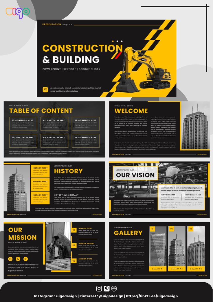 the construction and building powerpoint presentation is shown in yellow, black and gray colors