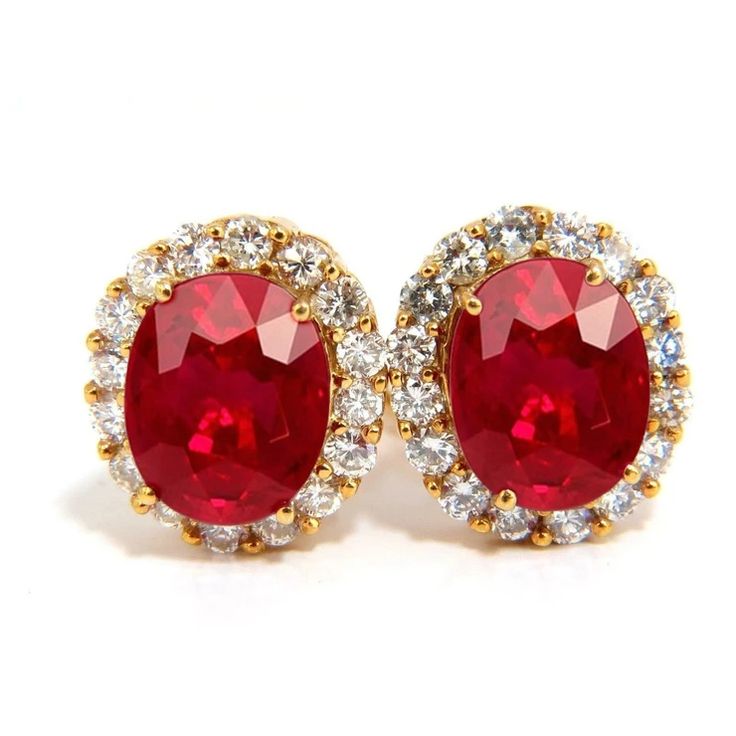 Yellow Gold 14K Oval Red Ruby And Diamond Stud Earring Pair 9 Ct | HarryChadEnt.com Round Diamond Earrings, Diamond Earrings Studs Round, Halo Earrings Studs, Red Diamond, Round Diamond Engagement Rings, White Gold Diamond Rings, Ruby Diamond, Red Ruby, Diamond Stud