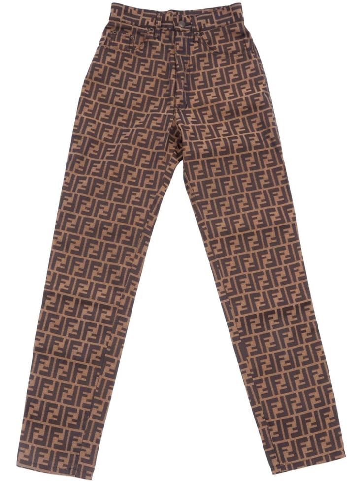 brown signature Zucca monogram pattern twill weave contrast stitching logo patch to the rear high-waisted concealed fly and button fastening classic five pockets straight leg Stitching Logo, Monogram Pattern, Yoko London, City Dress, Twill Weave, Iconic Bags, Summer Beach Wear, Straight Leg Trousers, Ballet Flat Shoes