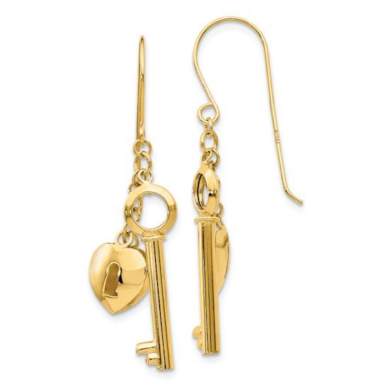 14k yellow gold puff heart lock and key dangle earrings. Measure approximately 1 1/2"L x 1/2"W and have french wire closure. Heart Lock And Key, Tanzanite Jewelry, Heart Lock, Bracelets Gold Diamond, Puffed Heart, Gold Diamond Necklace, Gold Diamond Earrings, Tourmaline Stone, Ruby Jewelry