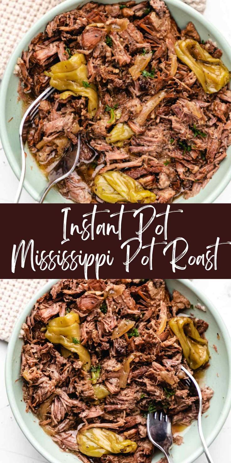 instant pot roast recipe in a bowl with spoons on the side and an image of it