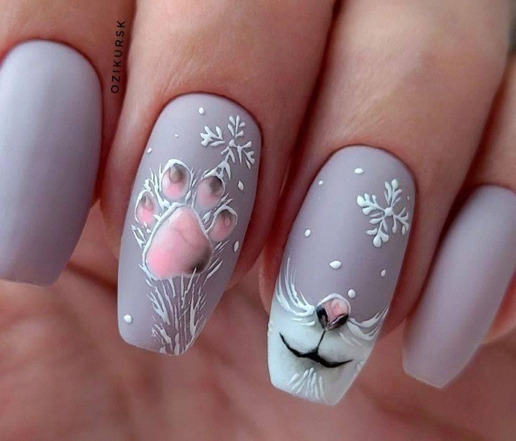 Christmas Cat Nail Art, Cat Christmas Nails, Christmas Cat Nails, Short Christmas Nails, Cute Winter Nails, Winter Nails Ideas, 2023 Spring Nails, Christmas Formal, Animal Nail Designs