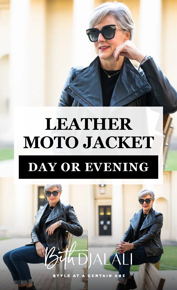 I‘ve sung the praises of the iconic motorcycle jacket for year. In this post I'm going to share just how versatile this jacket truly is as I'm styling a black leather moto jacket for day and evening. There’s never been a better time to stay modern, fresh, and most importantly, relevant. Visit Style At A Certain Age for the full look! #fallfashion #jacket #motojacket How To Style A Leather Moto Jacket, Black Moto Jacket Outfit Dressy, Petite Leather Jacket, Leather Jacket Winter Outfits Women, Motto Jacket Outfit Black, How To Style A Moto Jacket Outfit Ideas, Black Moto Jacket Outfit 2023, Black Moto Jacket Outfit Fall, Style Moto Jacket