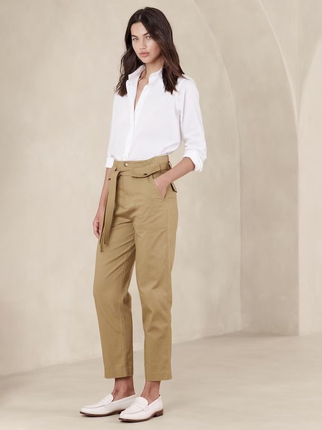 Women's Spring Collection | Banana Republic Factory Trendy Tie Waist Workwear Bottoms, Trendy Workwear Bottoms With Tie Waist, Spring High-waisted Pants With Belt Detail, Trendy Paperbag Waist Bottoms For Work, Chic Belted Straight Leg Bottoms, Spring Trousers With Belt Detail, Straight Pants With Belt Detail For Spring, Spring Straight Leg Bottoms With Belt Detail, Chic Paperbag Waist Bottoms With Belt Detail