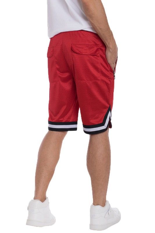 SOLID STRIPED BAND BASKETBALL SHORTS* Featuring Short Length, Regular Fit, Mesh, Drawstring, Elastic Waistband, Contrast Colored Stripe On Waist Rib and Bottom Hemline, Side Zippered Pockets, Two Pockets at Back, Stretched and Casual Style* 100% Polyester, Soft and Silky Mesh Fabric* Imported. Designed by USA.* Cold Machine Wash and Tumble Low Dry Recommended. Do not Bleach. Made In: Imported Summer Sportswear Shorts With Side Stripes, Sportswear Shorts With Side Stripes For Sports, Casual Sports Shorts With Side Stripes, Sporty Bottoms With Built-in Shorts For Basketball, Casual Athletic Shorts With Side Stripes For Summer, Casual Summer Athletic Shorts With Side Stripes, Summer Sports Shorts With Three Stripes, Sporty Shorts With Side Stripes For Sports, Casual Athletic Shorts With Built-in Shorts For Basketball