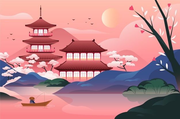 Gradient japanese temple with lake Free ... | Free Vector #Freepik #freevector #building #nature #japan #landscape Japanese Landscape Art, Japan Background, Castle Illustration, Minimalist Japanese, Poster Japanese, Japan Illustration, Japan Landscape, Japanese Castle, Mont Fuji