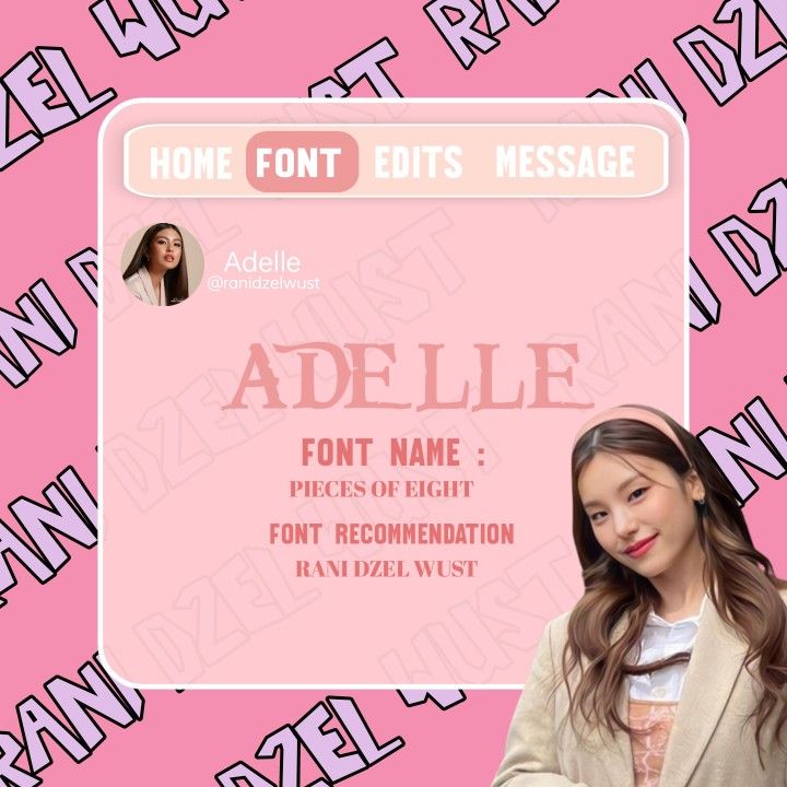 a woman in a business suit and name tag on a pink background with the words adelle