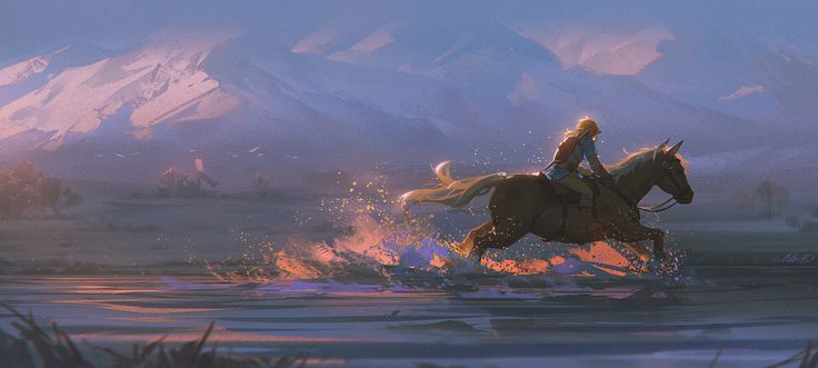 a woman riding on the back of a brown horse across a river next to snow covered mountains