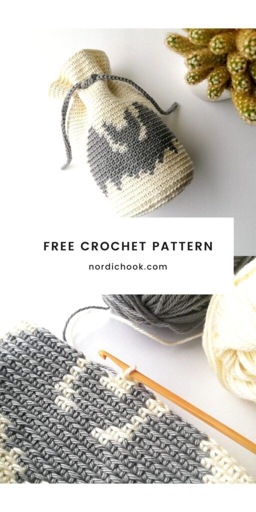 the crochet bag is next to yarn and knitting needles, with text overlay that reads free crochet pattern