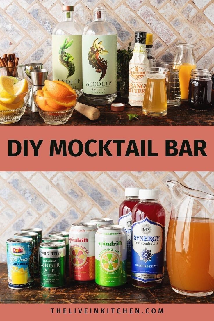 there are many different types of drinks on the table with text overlay that says diy cocktail bar