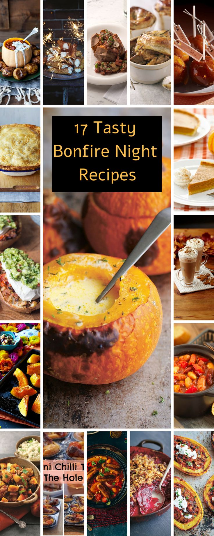 the cover of 17 tasty bonfire night recipes, with pictures of different foods and desserts