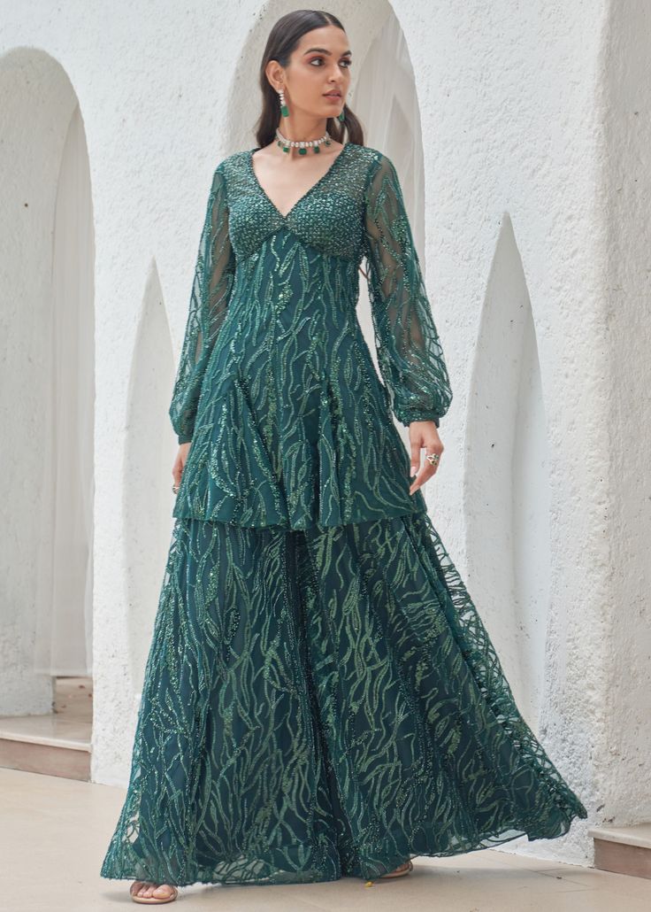 Embroidered kurta palazzo set with chunni. Green Peplum Festive Dress, Festive Green Peplum Dress, Festive Green V-neck Sets, Fitted Green V-neck Sets, Bottle Green Sharara Suit, Bottle Green Sharara, Mehendi Event, Green Sharara Suit, Mahima Mahajan