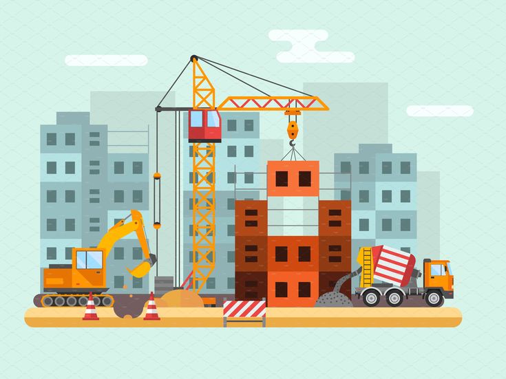 construction site with cranes and trucks on the background of cityscape, flat style