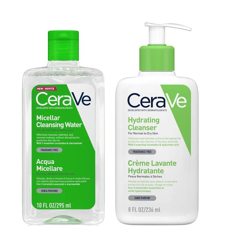 Cleanse and clarify your complexion with a duo of gentle yet effective skincare essentials. The CeraVe Hydrating Double Cleansing Duo combines two unique cleansing formulas that help to sweep away impurities, promoting clean and clear skin.  Set Contents:  CeraVe Micellar Cleansing Water 295ml  A facial cleanser formulated to remove make-up and impurities from the skin, promoting a cleansed and balanced complexion. The micellar water is enriched with three essential ceramides, working to hydrate your skin for up to 24 hours.  CeraVe Hydrating Cleanser with Hyaluronic Acid for Normal to Dry Skin 236ml  The gentle cleanser removes make-up, dirt and impurities without stripping away essential moisture, revealing a clean and replenished complexion. Infused with three ceramides, the nourishing Clean And Clear Skin, Cerave Products, Double Cleanser, Cleansing Routine, Double Cleansing, Micellar Cleansing Water, Cleansing Water, Moisturizing Toner, Hydrating Cleanser