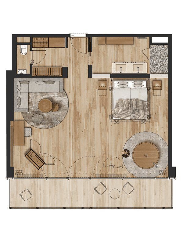 the floor plan for a small apartment with one bedroom and living room, including an open kitchen