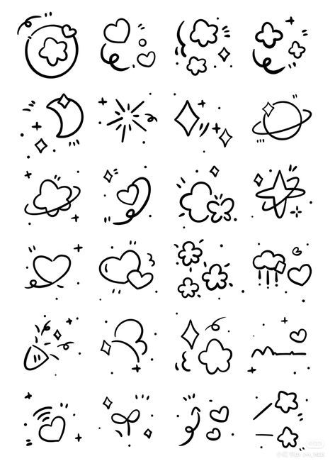 the different shapes and sizes of doodles are shown in black ink on a white background