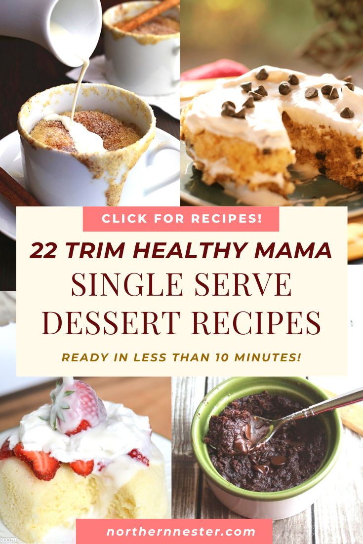 a collage of desserts with text overlay that reads, 22 trim healthy mama single serve dessert recipes ready in less than 10 minutes