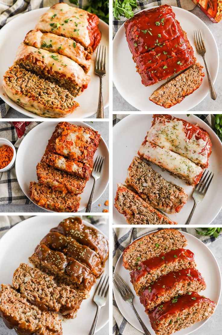 four different pictures of meatloaf on plates with sauces, bread and vegetables