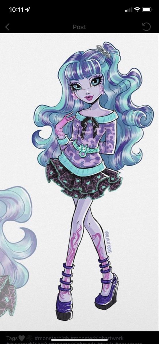 a drawing of a girl with long blue hair and purple shoes, holding a camera