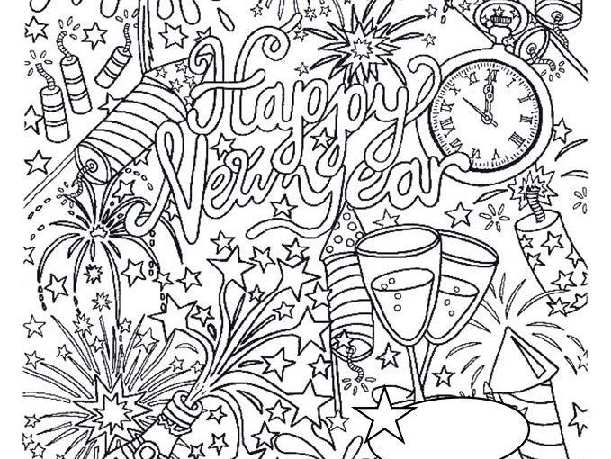 a happy new year coloring page with fireworks and confetti in the background for adults to color