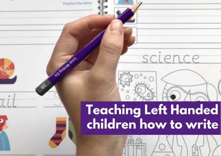 a hand holding a purple pen writing on paper with the words teaching left handed children how to write